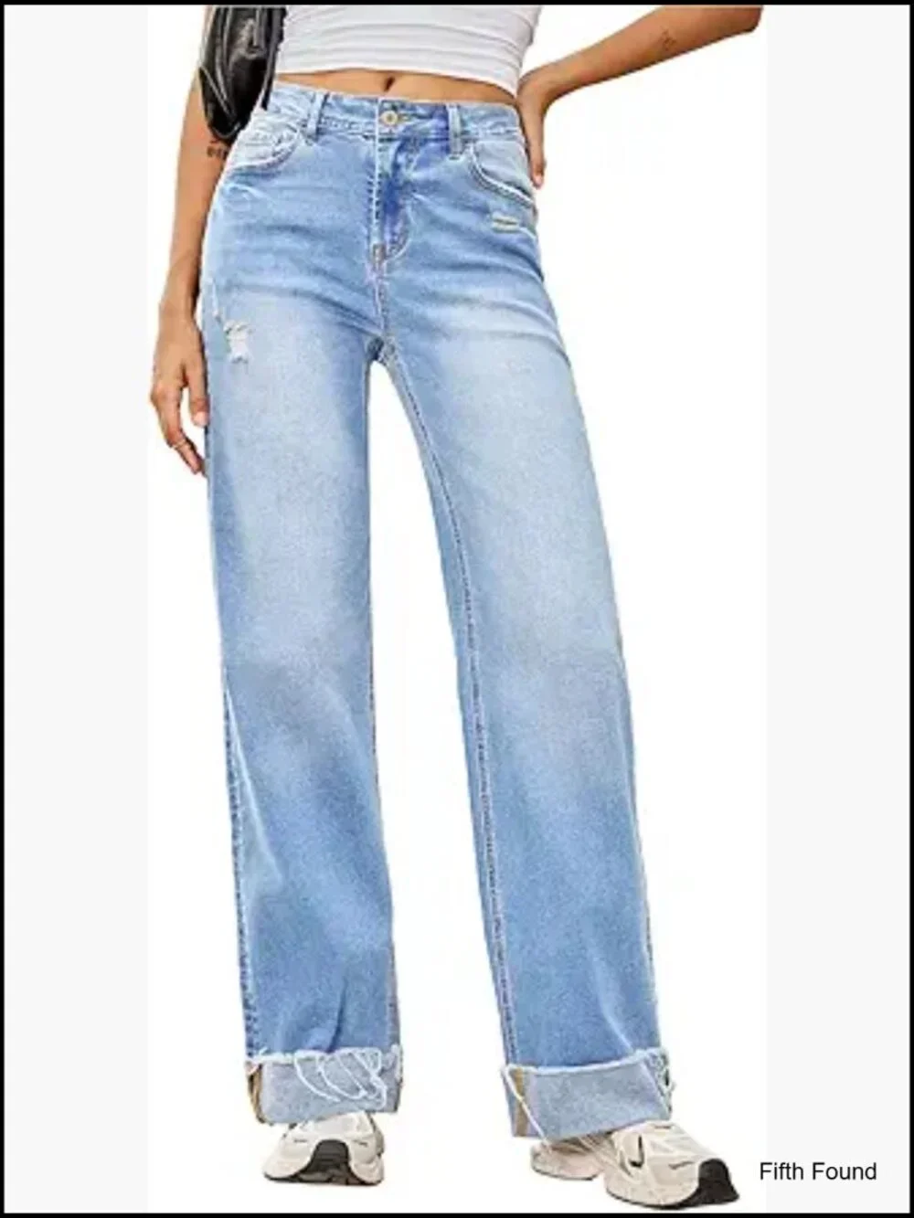 High Waisted Wide Leg Jeans Stretchy Distressed Straight Leg Folded Hem